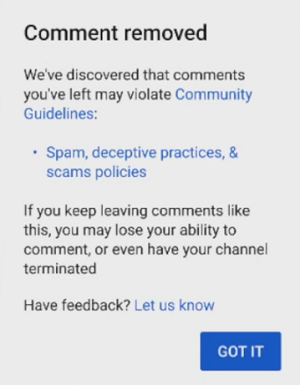 اعلان حذف نظر YouTube