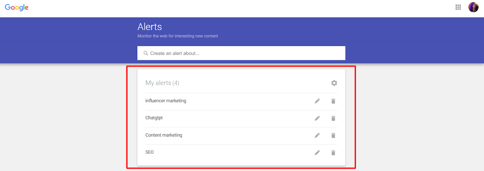 داشبورد Google Alerts برای اینفلوئنسر مارکتینگ، ChatGPT، بازاریابی محتوا و هشدارهای SEO.