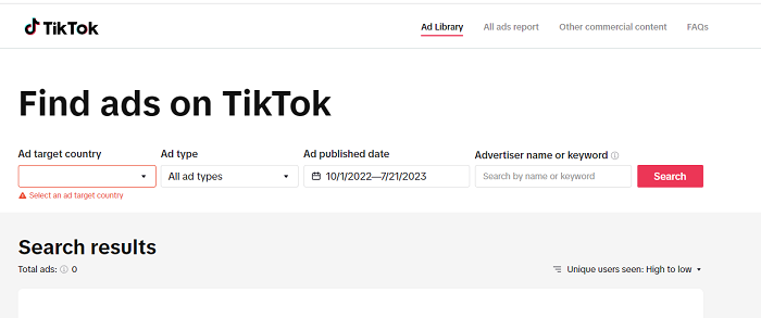 کتابخانه تبلیغات TikTok